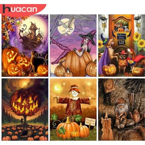 HUACAN 5d Diamond Painting Pumpkin Halloween DIY Diamond Embroidery Cross Stitch Landscape Mosaic Needlework Wall Art