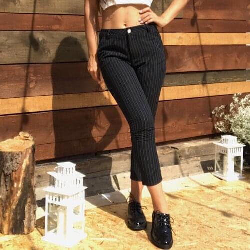 BGTEEVER Work Striped Pants for Women Skinny Cotton Pant High Waist Office Lady Vintage Soft Trousers Female Casual Bottoms