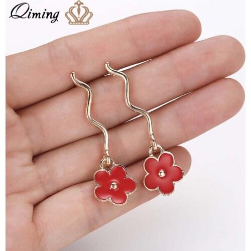 QIMING Red Flower Long Earrings For Women Fashion Jewelry Floral Boho fashion Bohemia Wedding Earrings Korean Chic Gift