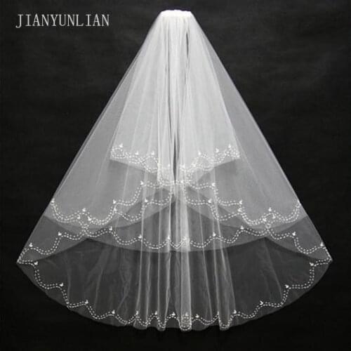 Two-Layer Short Bridal Veils With Sequins Edge Pearls Tulle Cheap Wedding Veil Wedding Accessory Free Shipping In Stock