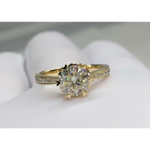 Pure 14K Yellow Gold Ring Snowflake style Moissanite jewelry Round Cut Anniversary gift Engagement Ring