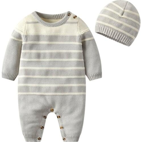 Fashion newborn Baby boy girls winter clothes warm knit sweater stripe Long sleeve cotton toddler cardigan Romper and hat set
