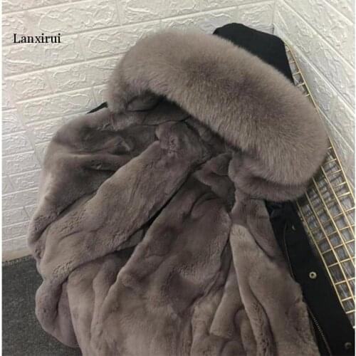 Winter mens fashion fox fur collar rex rabbit fur lining middle long Couple design parka nick garment hooded