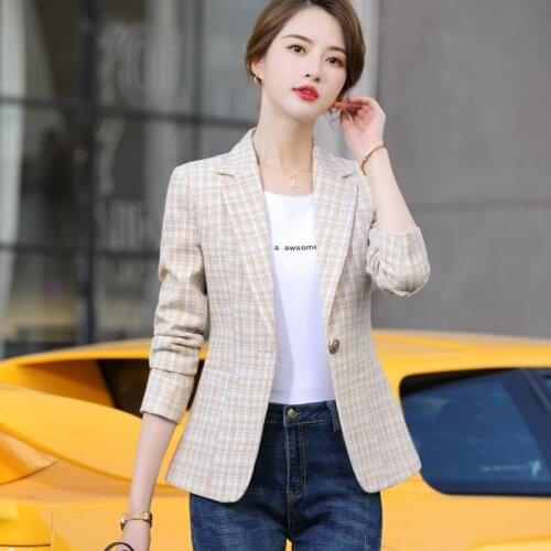 2021 New Women Blazer Autumn Slim single button Plaid Women Blazer Pockets Female Retro Suits Coat Feminino blazers