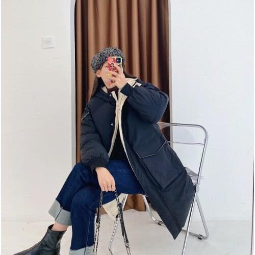 Leisure cotton-padded clothes contracted long winter double pocket hooded with thick loose layout