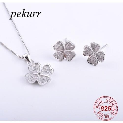 Pekurr 925 Sterling Silver Classic Zircon Heart Leaf Earrings Necklace Sets For Women Lucky Clover Pendants Jewelry Sets
