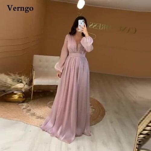 Verngo Dusty Pale Silk Evening Dress Puffy Long Sleeves Pleats Dubai Saudi Formal Prom Gowns Women Special Occasion Dresses