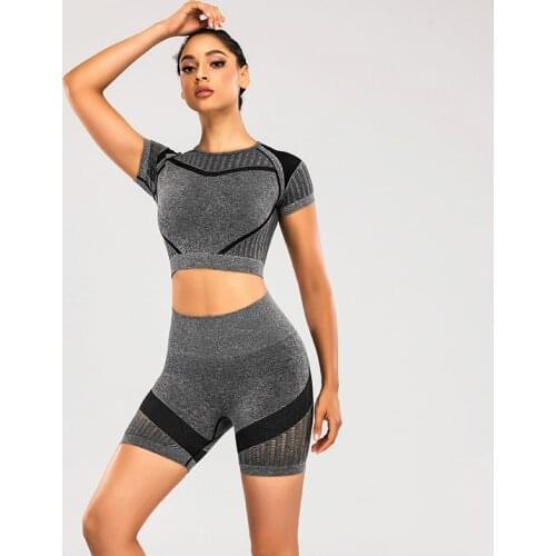 Mesh Seamless Yoga Set Women Workout Gym Clothes Knit Fitness Sports Suits High Waist Shorts Short Sleeve Top Running Sportswear