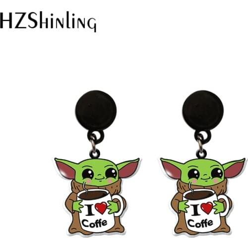 2021 New Arrival Baby Yoda Star Wars Alien Baby Loves Coffee Epoxy Acrylic Drop Earrings Handmade Dangles