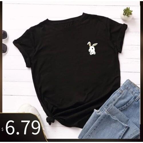 Summer Plus Size Shirts S-5XL Lovely Rabbit Printed TShirt Women 100%Cotton O Neck Short Sleeve Tees Casual Women Clothing