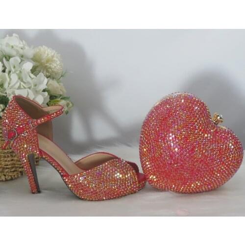 BaoYaFang Red Bling Crystal Summer Sandal Woman High heels Platform Shoes Ladies Big size Open Toe wedding shoes bag set Bride