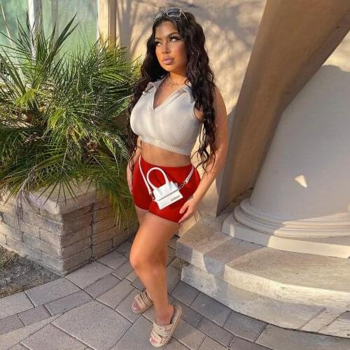 2021 Women Set Knitted Tracksuit Turn Down Collar Sleeveless Slim Fit Crop Top and Elastic Waist Biker Short Loungewear Outfits