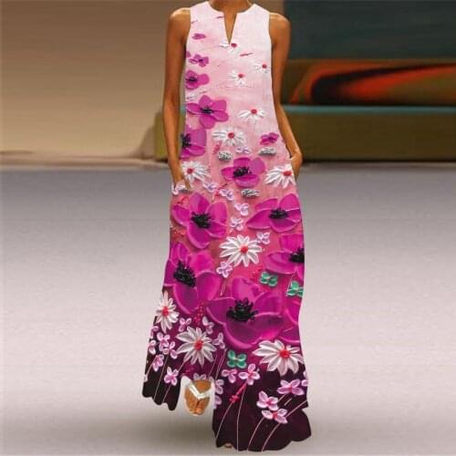 New Fashion Print Summer Dress Casual Floral Sexy Boho Beach Vintage Dresses Women V-neck Sleeveless Pocket Plus Size Long Dress