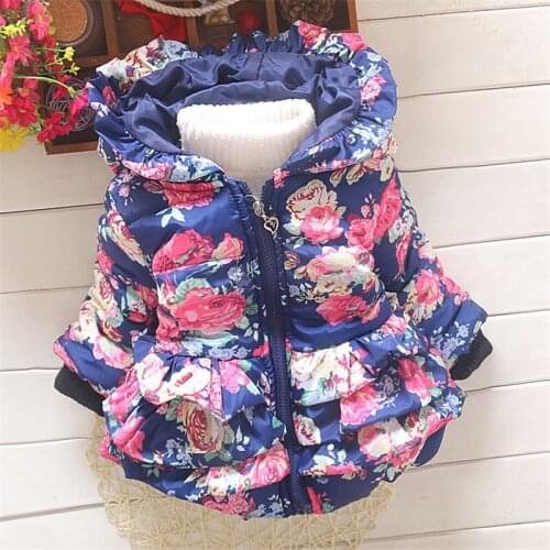 Floral Winter Baby Girl Jacket Coat Children Hooded Outwear Baby Korean Cotton Warm Jacket Children Plus Thick Velvet Parkas