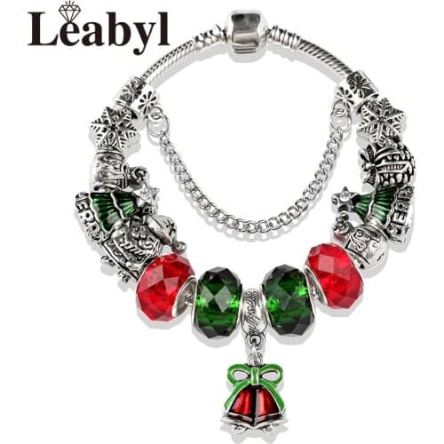 2020 New Year Silver Color Christmas Santa Snowflake Tree Bead Bracelet Red & Green Enamel Diy Xmas Gift Charm Bracelet Jewelry