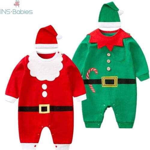 Christmas Newborn Baby Boys Romper 2021 Spring Long Sleeve Girls Clothes 0-24m Kid Costume Autumn Jumpsuit +hat Set 2pcs Infant