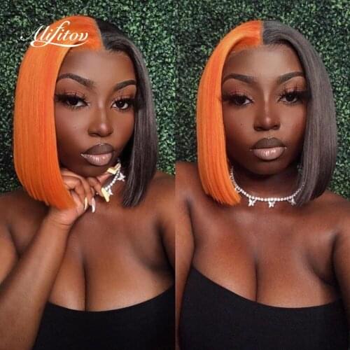 ALIFITOV Half Purple Pink Red Lace Front Wig Straight Bob Human Hair Wigs 13*4 Short Bob Wig Brazilian Colored Human Hair Wigs