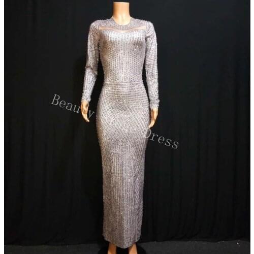 Full Rhinestone Long Sleeves Sparkly Long Dress Sexy Stage Outfit Birthday Party Celebrate Women Dance Dress Evening Outfit