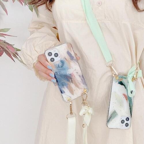 For iPhone 12 11 Pro XS MAX XR X 7 8 Plus SE 2020 Back Cover With Epoxy Letter Marble Crossbody Shoulder Strap Bow Lanyard Coque
