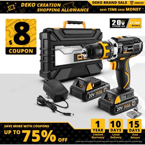 DEKO GCD20DU Series Electric Screwdriver Cordless Impact Drill (DU3 Only) Fast charger 1/2" Metal Chuck 20V 1.5Ah Li-ion battery