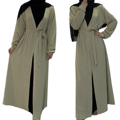 Open Kimono Abaya Muslim Women Long Dress Long Sleeve With Belt Arab Jilbab Ramadan Dubai Malaysia Middle East Cardigan Fashion