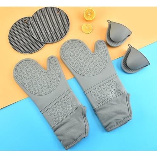6 PCS/kitchen silicone heat-insulating gloves, cooking heat-resistant barbecue microwave oven gloves hand-clamped pot mat set