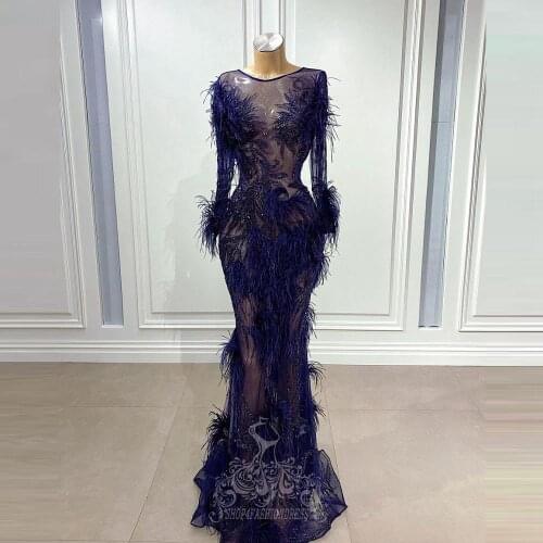 Luxury Navy Blue Beading Feather Mermaid Dubai Evenig Dress Sexy See Thru Full Sleeves Formal Party Gowns Vestodi De Noche