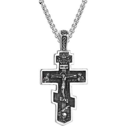 Silver color Jesus Cross Mens 316L Stainless Steel Crucifix Eastern Orthodox Pendant Necklace Jewelry
