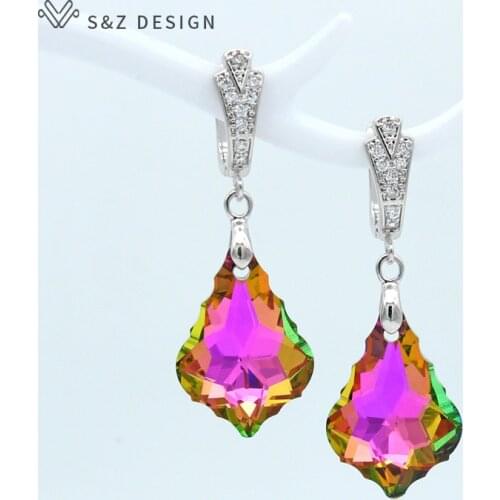 S&Z New White Gold Colorful Imitation Crystal Water Drop Dangle Earrings For Women Wedding Fashion Party Gift Eardrop