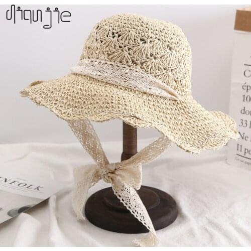 2021 Handmade Summer Womens Sun Hat Bucket cap beige lace Bowknot Flowers Ribbon Flat top Panama soft Straw Hat Beach Caps