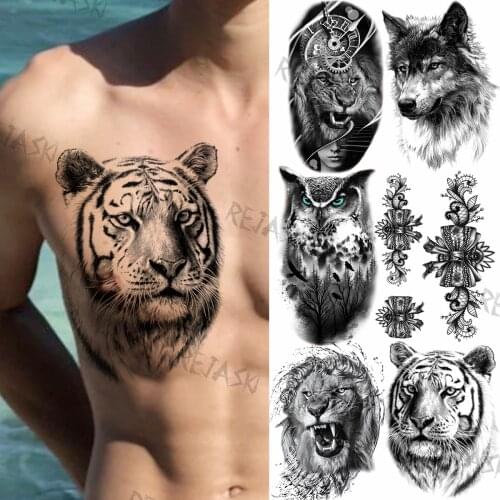 Black Tiger King Creative Temporary Tattoos For Men Adults Wolf Bowknot Owl Lion Forest Fake Tattoo Sticker Chest Arm Tatoos DIY