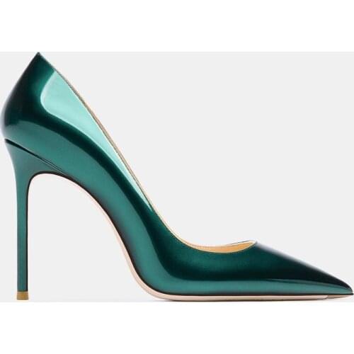 Free shipping fashion women pumps sexy lady green patent leather pointy toe stripper stripper high heels shoes big size 43