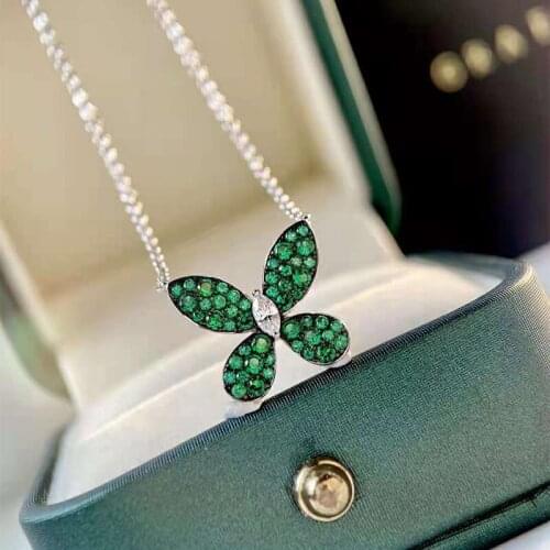 100% S925 Sterling Silver Chain Green 5A Zircon Full Diamonds Butterfly Pendant Necklace For Women Wedding Party Fine Jewelry