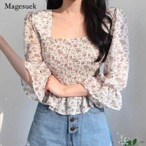 Summer Floral Chiffon Shirts Women Fashion Square Collar Printed Blouse Sexy Flare Sleeve Women Tops Clothing Blusas Mujer 10280