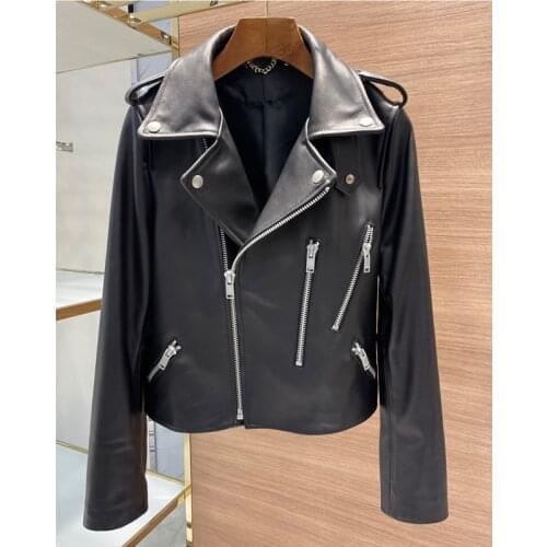 Woman Coats Natural 100% Sheepskin Leather Jackets Female V- neck Natural Sheepskin Leather Overcoat Leather H325
