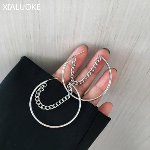 XIALUOKE S925 Needle Hip Hop Rock Geometric Metal Chain C Stud Earrings For Women New Vintage Hyperbole Big Ear Ring Jewelry