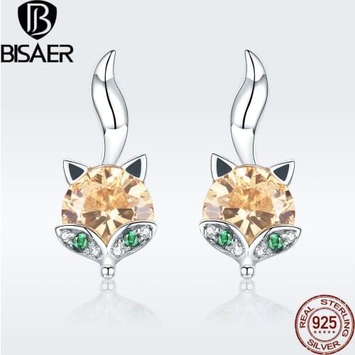 BISAER 925 Sterling Silver Crystal Fox Stud Earrings for Women Fox Fashion Earrings Sterling Silver Jewelry brincos ECE527