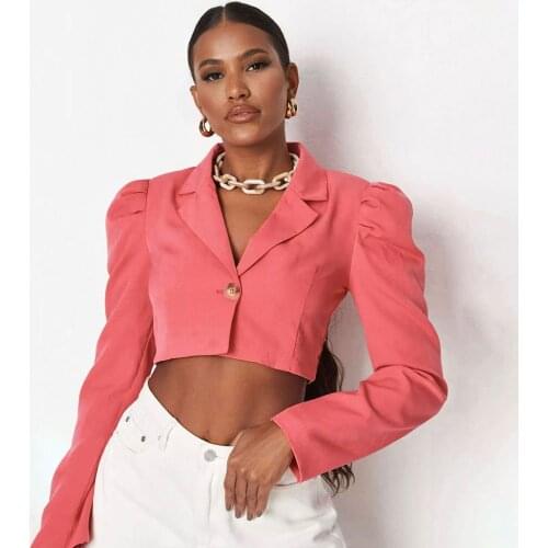 2021 Fashion Womens Blazer Outerwear Single Button Notched Neck Long Puff Sleeve Cropped Jackets Streetwear Y2K Clothes New