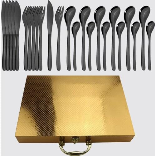 24Pcs 18/10 Stainless Steel Dinnerware Set Black Gold Cutlery Spoon Fork Knife Western Cutlery Flatware Tableware Set Supplies