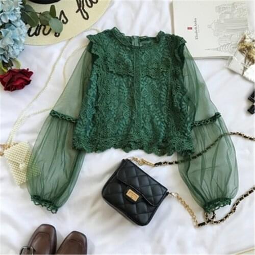 2020 Mesh Perspective Sleeve Blusas Lace Flower Vintage Grace Women Blouse Spring Autumn New Fashion Elegant Shirt