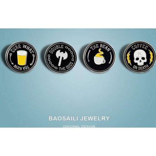 Black Circular Insignia With Letters Of English Surround a Skull Coffee Cup Axe Icon Brooch Enamel Label Pins Shirt Badge