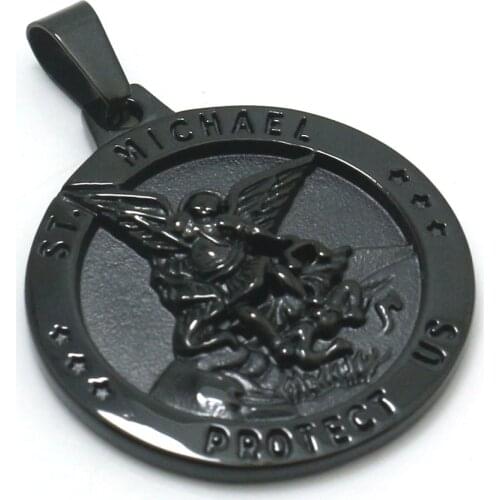316L Stainless Steel Star SAINT MICHAEL PROTECT US Black Pendant