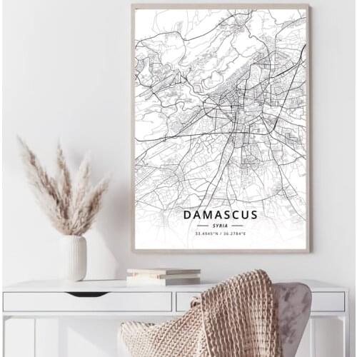 Damascus Syria World black and white map poster print unframe poster office decoration
