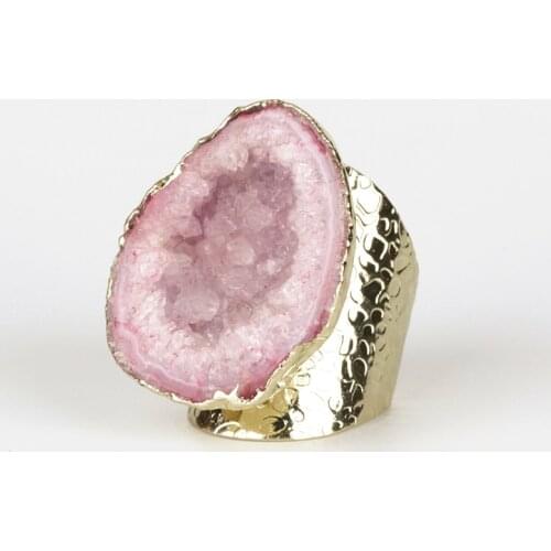 Pure Gold Color Rough Raw Pale Baby Pink Geode Quartz Crystal Stone Slice Bead Charm Adjustable Open Hammered Ring Cuff Women