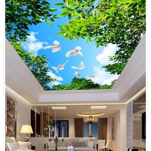 Tree blue sky clouds pigeons living room ceiling Wallpaper 3d stereoscopic Non woven wallpaper ceiling Home Decoration