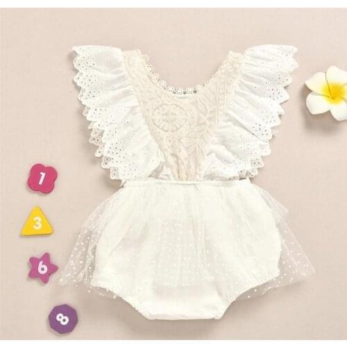 Newborn Baby Girls White Romper Dresses Infant Sleeveless Lace Flower One-Piece Round Neck Romper + Headwear For 0-24 Months