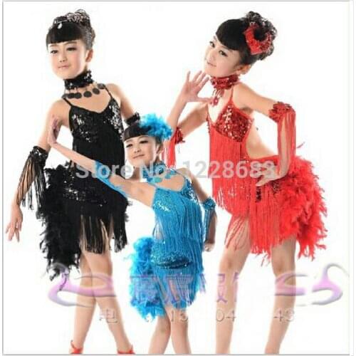 New Arrival Kids Children Girls Blue Red Pink Black Feather Fringe Sequin Latin Dance Dress For Sale