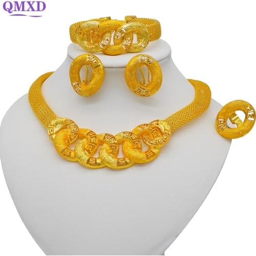 African Women Big Necklace 24K Gold Color Dubai Jewelry Sets Party Wedding Gifts Necklace & Earrings Ring sets