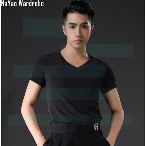 New MA5026 Male Latin Dance T- Shirt Men Short Sleeves Deep V Collar Dances Tops for Ballroom Samba Tango Chacha Dancing Costume