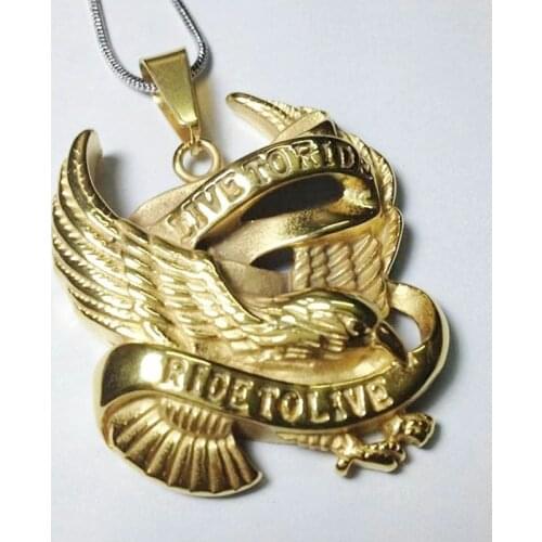 Gold New Mens Punk Biker Eagle Hawk Ride to Live Stainless Steel Pendant